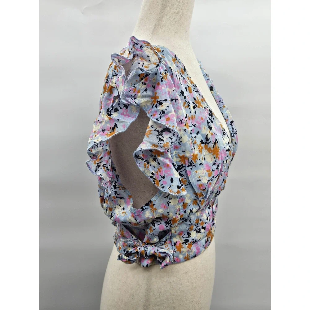 Free People Sky Combo Floral Ruffle V-Neck Smocked Crop Top OB1295567‎ Large NEW